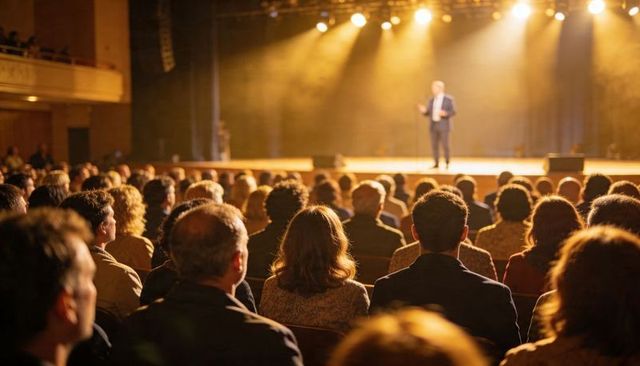 Packed audience watching keynote speaker on illuminated stage under warm spotlights