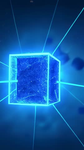 Dollying camera toward rotating neon cube revealing fractal patterns in vertical sci-fi loop