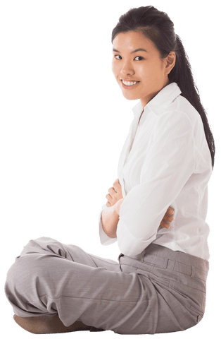 Confident Businesswoman Sitting Cross-Legged in Transparent Background