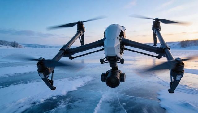 Hovering quadcopter capturing cinematic gimbal footage over frozen lake at sunrise