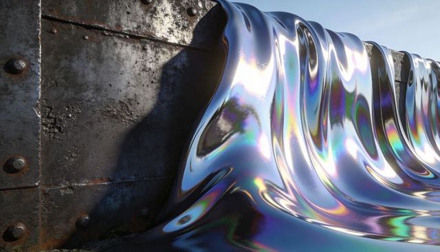 Iridescent liquid metal draping over rusted riveted panel reflecting rainbow sheen