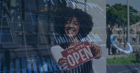 African American Woman Opening Shop with Digital Data Overlay