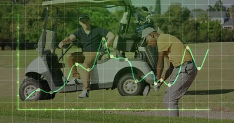 Golfer swinging on course with graph overlay art