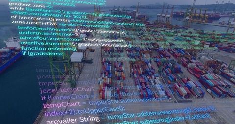 Aerial container terminal featuring gantry cranes, cargo ships and code overlay for logistics tech