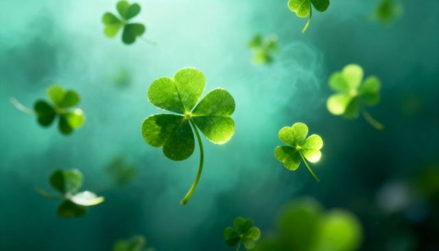 Backlit floating clover leaf macro with bokeh teal background lucky green nature close-up
