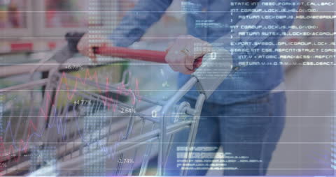 Hands Pushing Shopping Cart with Financial Graph Overlay