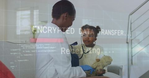 Pediatric telehealth consultation child using stethoscope with encrypted data overlay