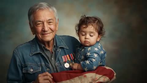 Portrait Veteran Holding Sleeping Child Emphasizing Generational Bond