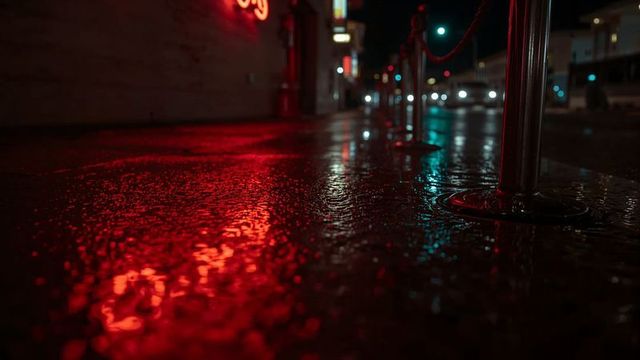 Moody Urban Nightlife with Reflective Neon Puddle