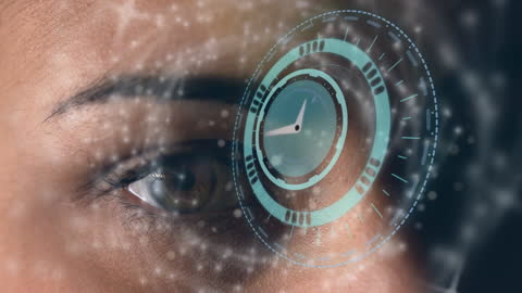 Close-Up Eye with Futuristic Digital Clock Overlay