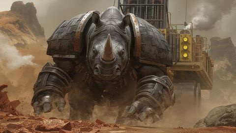 Armored rhino charging through dusty badlands pulling industrial trailer - biomech beast