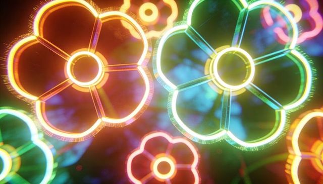 Glowing neon flower rings creating five-petal led tubing macro abstract light art