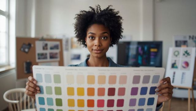 Creative designer presenting vibrant color swatch board in studio in daylight