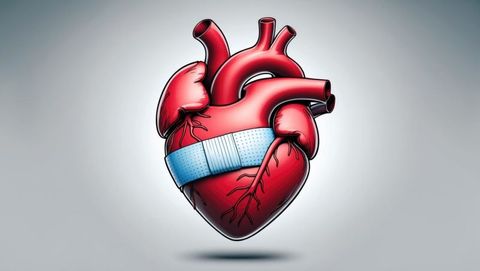 Heart anatomy with blue bandage illustration on gradient background, cardiovascular diseases concept