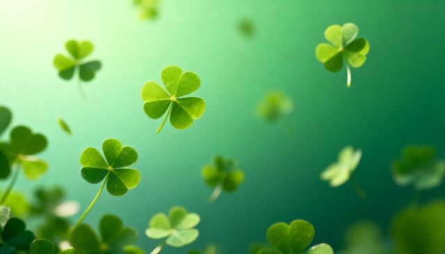 Floating shamrock clover leaves with heart-shaped leaflets on soft green bokeh background
