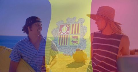 Surfer Friends Bonding at Beach with Andorra Coat of Arms Overlay