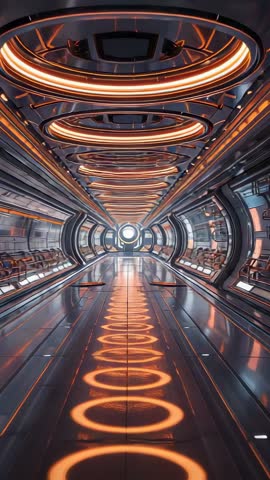 Vertical camera gliding past pulsing rings in sci-fi corridor toward glowing portal