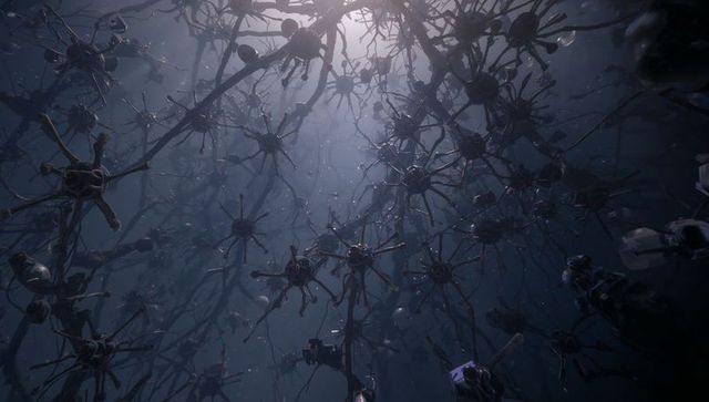 Abyssal drone swarm drifting through deep sea with glowing sensor nodes