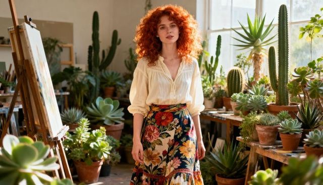 Redhead artist arranging succulents in sunlit studio wearing cream blouse, floral skirt