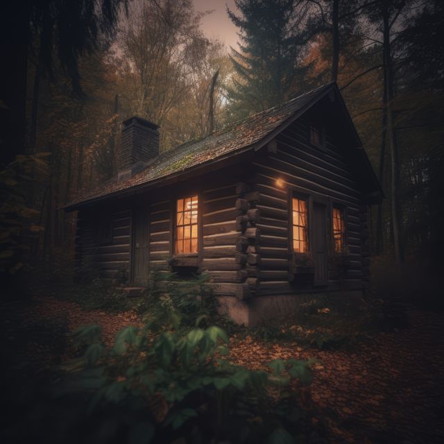 Log cabin warmly lit from the inside, nestled in a dark, dense forest at dusk. Perfect for illustrating concepts of seclusion, autumn atmosphere, and cozy retreat in nature. Useful for blogs on rustic vacations, spooky stories, and nature escapades.