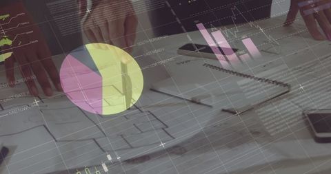 Business strategy meeting with architect plans and data analytics overlay