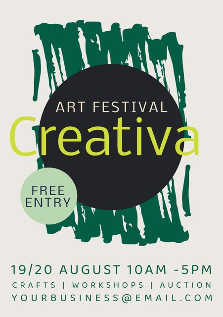 Poster for promoting a creative art festival featuring green paint drips and vibrant design elements. Ideal for advertising events, workshops, craft fairs, and art auctions. Can be used for social media posts, event flyers, and promotional banners.