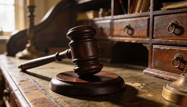 Antique wooden gavel resting on worn leather desk with vintage organizer and patina