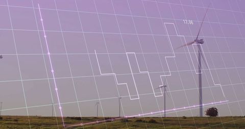 Wind turbines with overlaid technology graph representing energy data