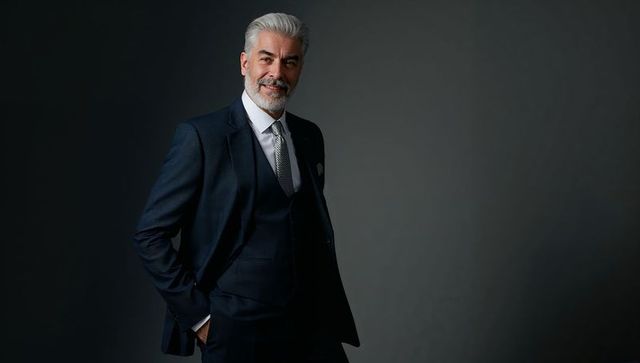 Confident Mature Man Posing in Tailored Suit with Dramatic Lighting