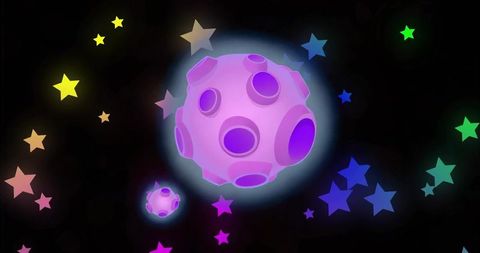 Floating purple-pink cratered orb glowing among colorful neon stars in cosmic scene