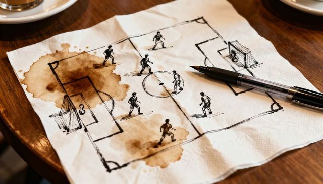 Sketching football tactics on stained napkin with pen on wooden cafe table