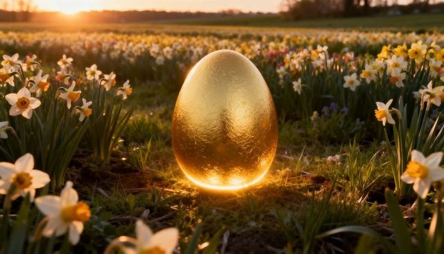 Glowing golden egg in daffodil meadow at sunset, polished metallic orb on spring field