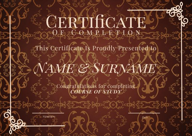 Elegant Certificate of Completion with Vintage Pattern on Brown Background - Download Free Stock Templates Pikwizard.com