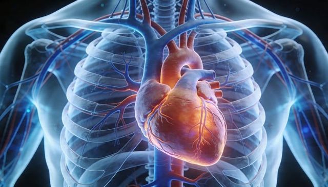 Glowing human heart inside transparent ribcage showing coronary arteries and major vessels