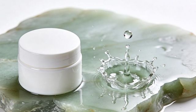 Minimal white skincare jar on jade slab with water droplet crown splash mockup