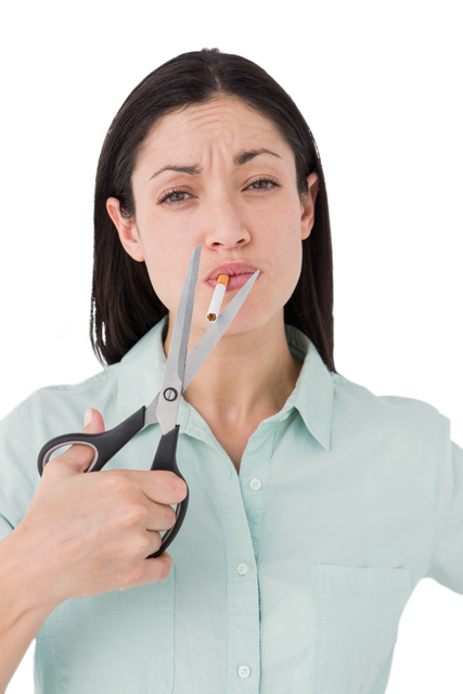 Concerned Woman Cutting Cigarette with Scissors - Transparent Background - Download Free Stock Videos Pikwizard.com