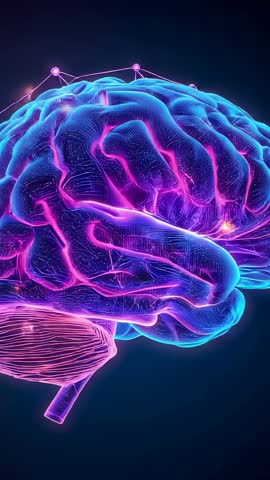 Neon 3D Brain Rotating with Pulsing Network Nodes Vertical Video for Tech and Neuroscience