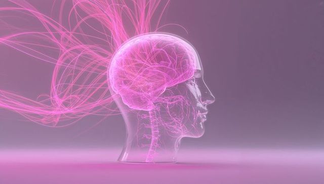 Translucent glass head with glowing pink brain, flowing neural filaments and spinal cord