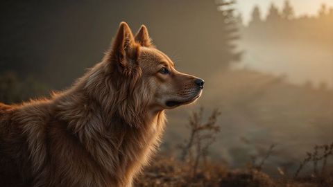 Majestic reddish-brown dog standing in misty forest at dawn