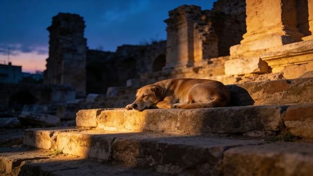 Sleeping brown dog curled on ancient stone steps at twilight under warm golden light