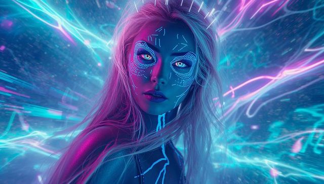 Futuristic Cyberpunk Model with Neon Body Art in Digital Realm