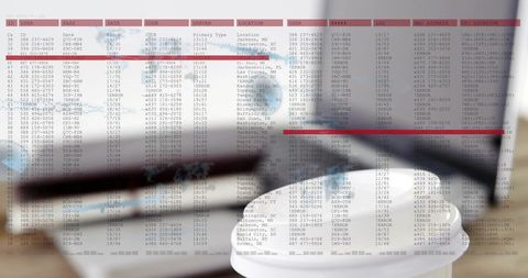 Focusing white cup lid on desk with blurred laptop, red data overlay and aircraft silhouette