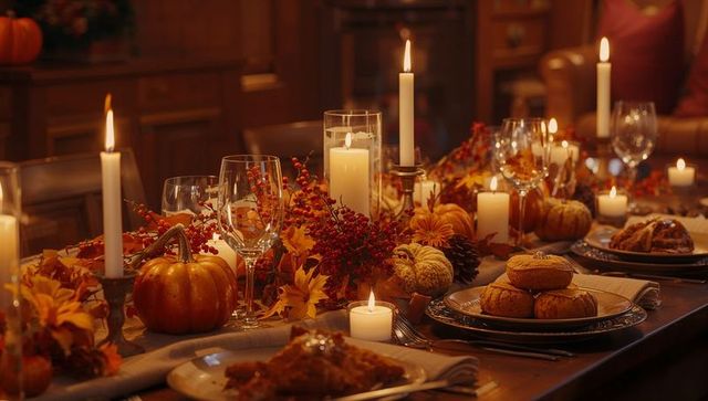 Autumn harvest festival table setting with pumpkins and candles
