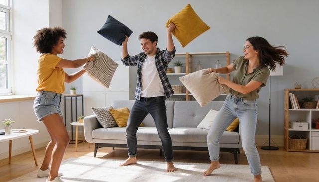 Friends playing energetic pillow fight in sunlit living room, casual home fun