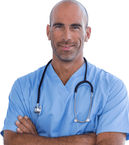 Transparent Confident Doctor with Crossed Arms in Blue Scrubs