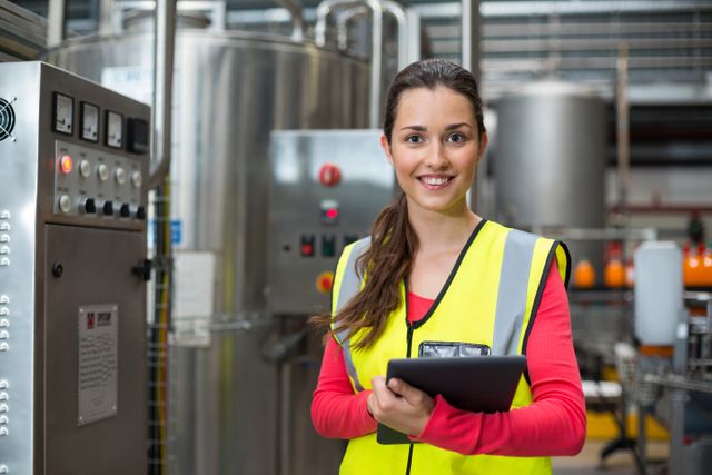 Portrait of female factory worker holding digital tablet at drinks production factory
