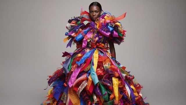 Model wearing voluminous couture ribbon gown with multicolored bows and dramatic texture