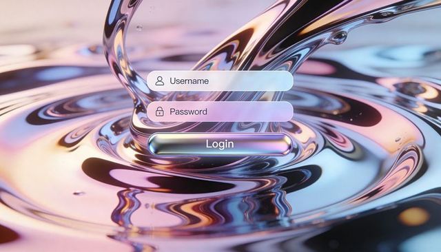Holographic login interface hovering over iridescent liquid metal swirl with ripples
