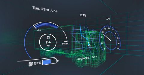 Futuristic digital dashboard with electric truck projection