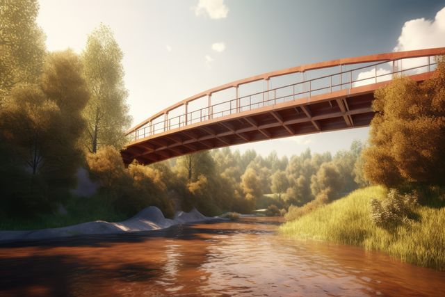 Bridge crossing river in forest over blue sky, created using generative ai technology - Download Free Stock Photos Pikwizard.com